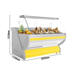 Serve Over Counter - 2025x1150mm - curved front glass - granite worktop - yellow front - capacity 400 litres