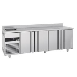 Mostrador refrigerado PREMIUM - 2360x720mm - con 4 puertas, 1 fregadero a la izquierda - encimera con reborde 60mm - GN 1/1 - refrigeración ventilada