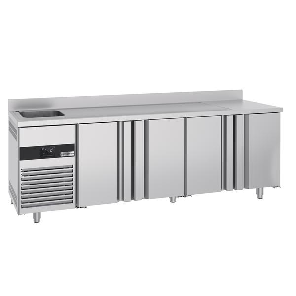 Table réfrigérée PREMIUM - 2360x700 mm - avec 4 portes, 1 bac à gauche - avec dosseret