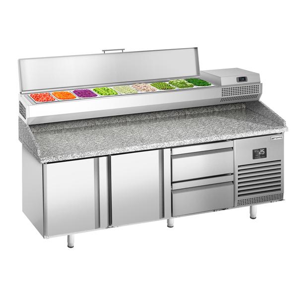 Pizzakylbänk PREMIUM PLUS - 1980x700 mm - granitskiva - med 2 dörrar & 2 lådor - inkl. kylränna - 9x GN 1/4