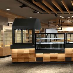 Vitrine refrigerada para bolos/pastelaria TORONTO - 1300x880x1400mm - vidros duplos - frente em madeira - 2 prateleiras - tampo em granito preto