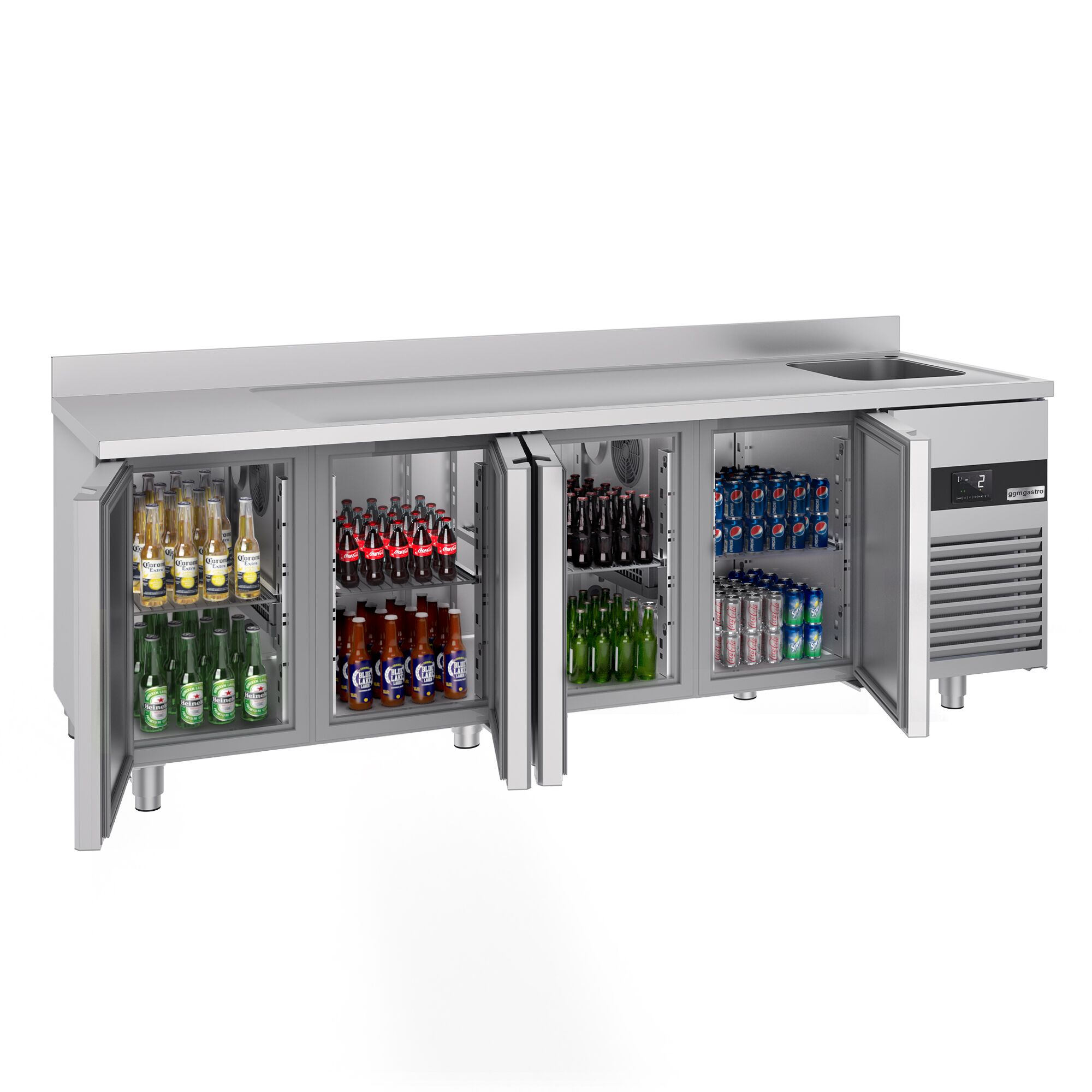 Table réfrigérée PREMIUM - 2360x700 mm - avec 4 portes, 1 bac à droite - avec dosseret