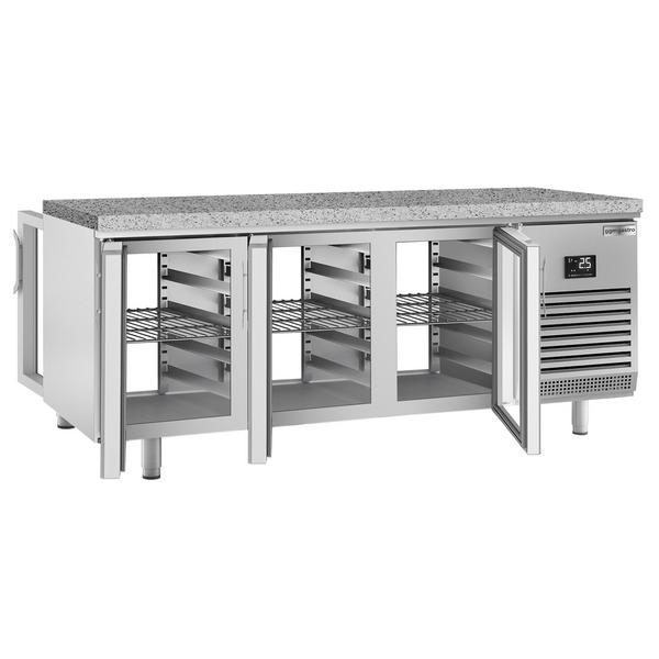 Bakkerij koelwerkbank PREMIUM PLUS - 2185x800mm - 610 liter - dubbel glas - doorgeefmodel - met 6 glazen deur(en) - granieten werkblad