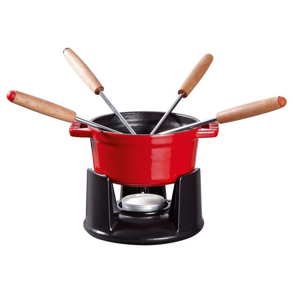 STAUB | Mini Cast Iron Fondue Set – Ø 10 cm - Cherry Red - 4 Forks, Warmer