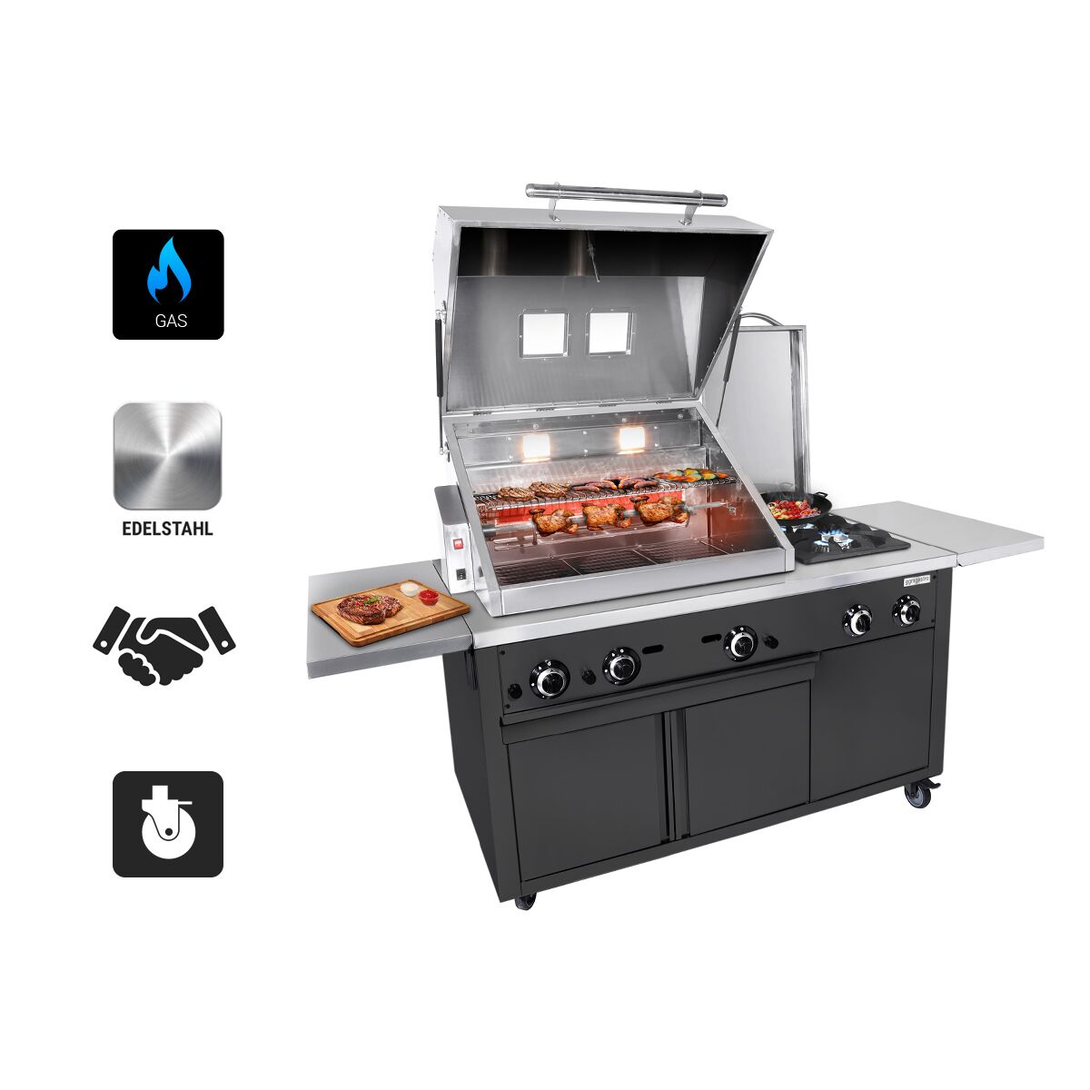Barbecue à gaz professionnel - 22,5kW - sur pied - P850mm - Noir