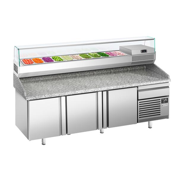 Commercial Pizza Prep Counter - Granite Top PREMIUM PLUS - 2305x800mm - with 3 doors & 1 drawers - incl. refrigerated topping unit with glass sneeze guard - 11x GN 1/4