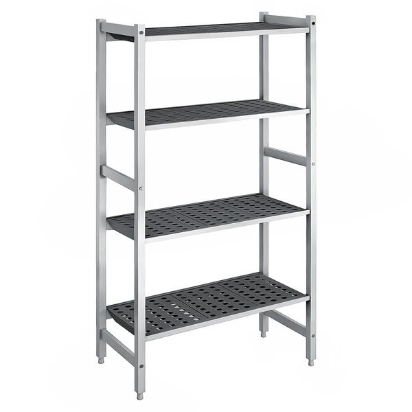 Hyllsystem i aluminium med polypropenhyllor – grundsektion - 780x1800 mm - Djup: 360 mm - 4 hyllplan - anodiserad - Lastkapacitet: 900 kg