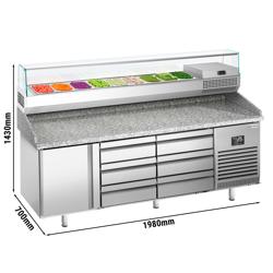 Pizzawerkbank PREMIUM PLUS - 1980x700mm - met granieten werkblad - met 1 deur & 6 laden - incl. glasvitrine - 9x GN 1/4