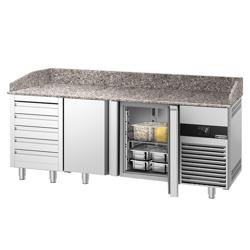 Banco pizza refrigerato PREMIUM - 2100x800mm - con 2 porte & 5 cassetti - piano in granito
