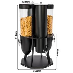 Dispenser per cereali - doppio - base girevole - dosatore a manopola - 2 contenitori in plastica trasparente - 2x 3,6 litri - supporto in acciaio inox