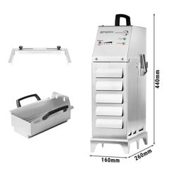 Przenośny filtr do oleju smażalniczego z baterią - stal nierdzewna - 160x260x440mm - 7.7kg - max. maks. temperatura 180°C