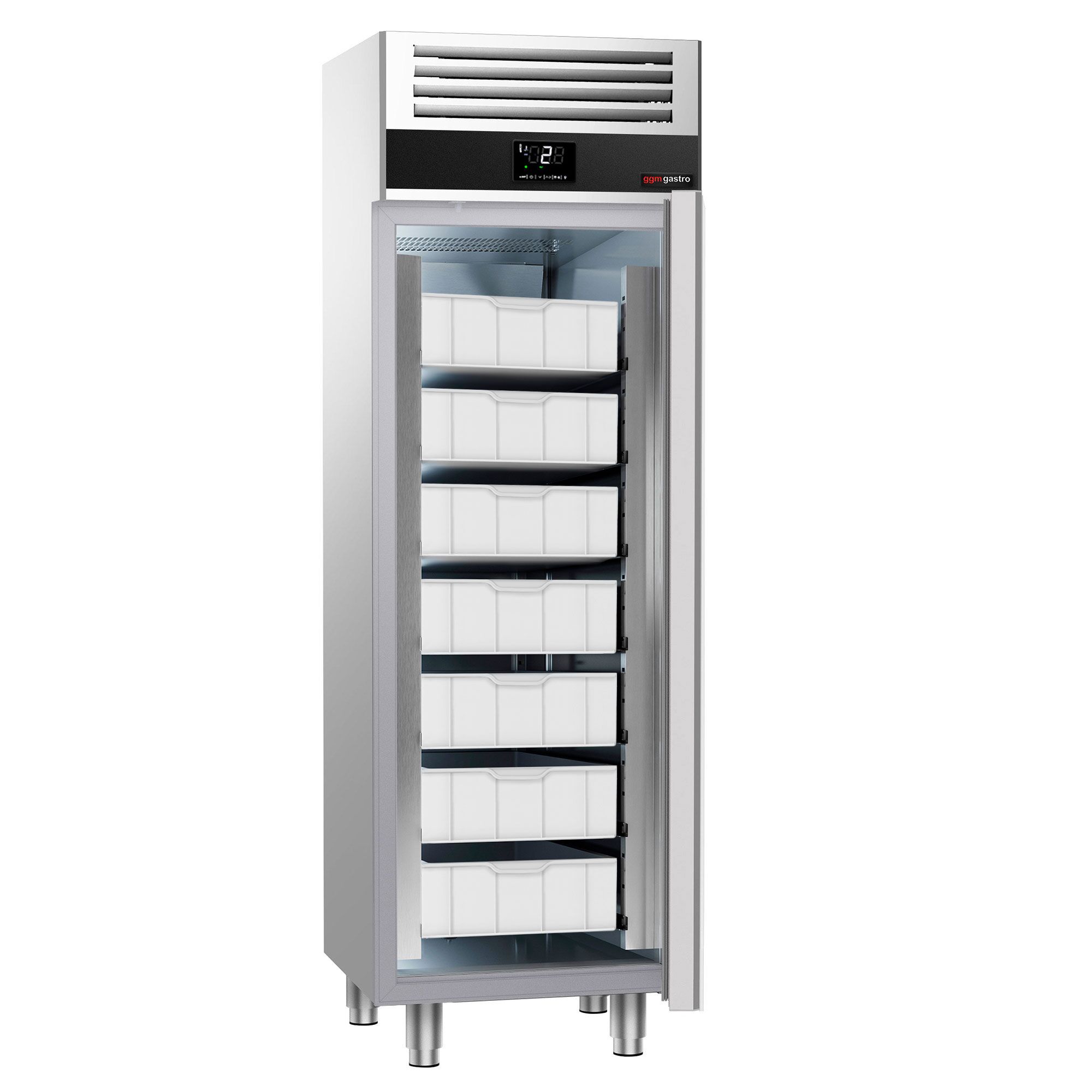 Armoire à poissons réfrigérée en acier inoxydable PREMIUM - 400 L - avec 1 porte - 5 bacs pour poissons inclus