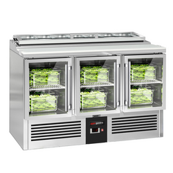 Saladette PREMIUM - 1365mm - 3 glazen deuren - met ingang voor 7x GN 1/3 & Glazen deksel
