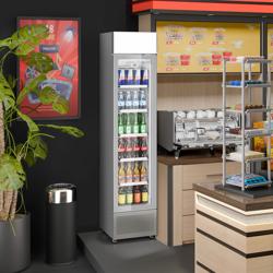 Commercial Upright Glass Door Display Fridge with Illuminated Canopy - 435mm - 145 Litres - with 1 hinged glass door - LED lighting - Grey - Temperature range 1 to 10 °C