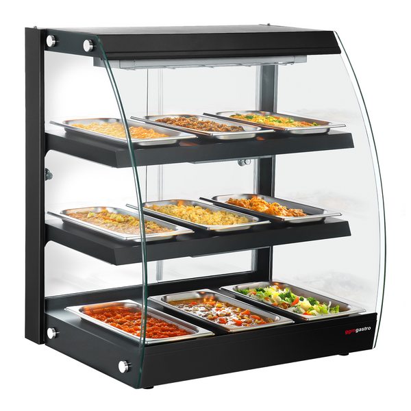 Warmhoudvitrine - 650mm - met 3 planken - Zwart