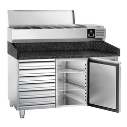 Rashladni pult za pripremu pizze PREMIUM - 1500x800 mm - sa 1 vratima & 7 ladica - uklj. Rashladna nadograđena vitrina - 6x GN 1/3