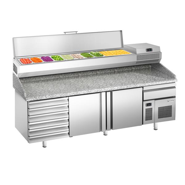 Pizzawerkbank PREMIUM PLUS - 2305x800mm - met granieten werkblad - met 2 deuren & 6 laden - incl. opzetkoelvitrine - 10x GN 1/3