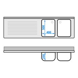 Mueble fregadero de acero Inox. PREMIUM - 2,0 m - 2 fregaderos a la derecha A 50 x P 50 x A 25 cm