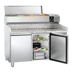 Pizzakylbänk PREMIUM - 1500x800 mm - granitskiva - med 2 dörrar - inkl. kylränna med rostfritt lock - 6x GN 1/3