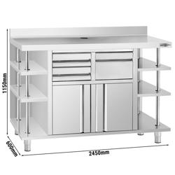 Nerezová pracovní skříňka - 2450x600 mm - s odklepávačem, 2 zásuvkami, 2 dveřmi - se zadním lemem