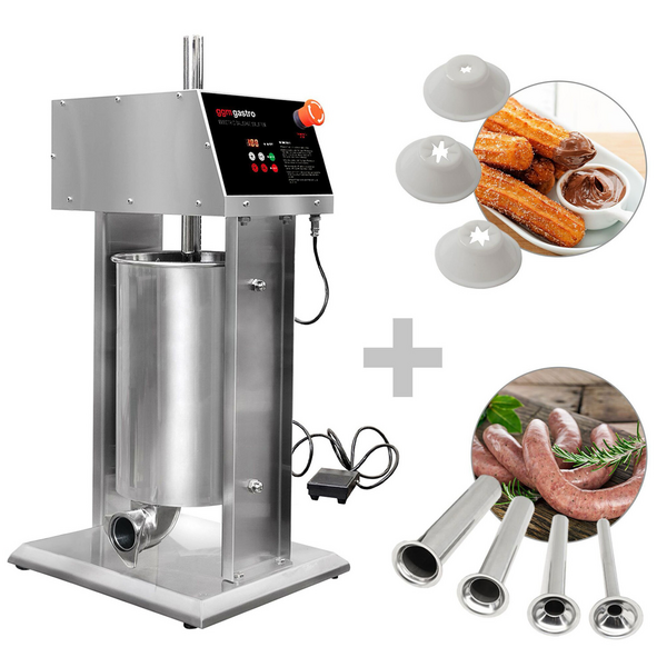  Elektrikli sosis dolum makinesi ve churro makinesi - 15 litre - 90 Watt - paslanmaz çelik - 4 sosis doldurucu ve 3 churro aparatı dahil