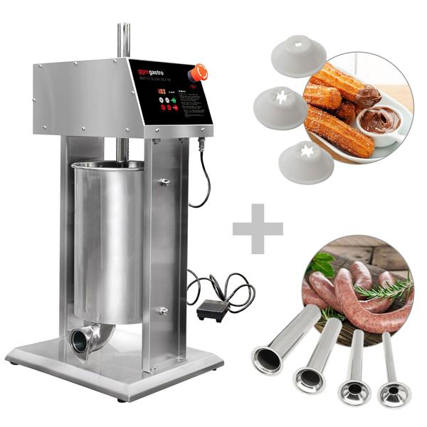 Električna punilica za kobasice & churro stroj - 15 litara - 90 Watt - Nehrđajući čelik - Uklj. 4 nastavka za punjenje kobasica- & 3 nastavka za churro