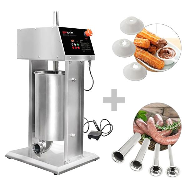 Elektrischer Wurstfüller & Churromaschine - 15 Liter - 90 Watt - Edelstahl - inkl. 4 Wurstfüller- & 3 Churro-Aufsätze