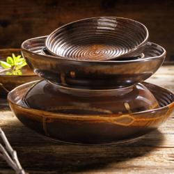 (6 pieces) Stoneware Metallic Deep Bowl Plate Ø260 mm PREMIUM – Brown - Ribbed Texture