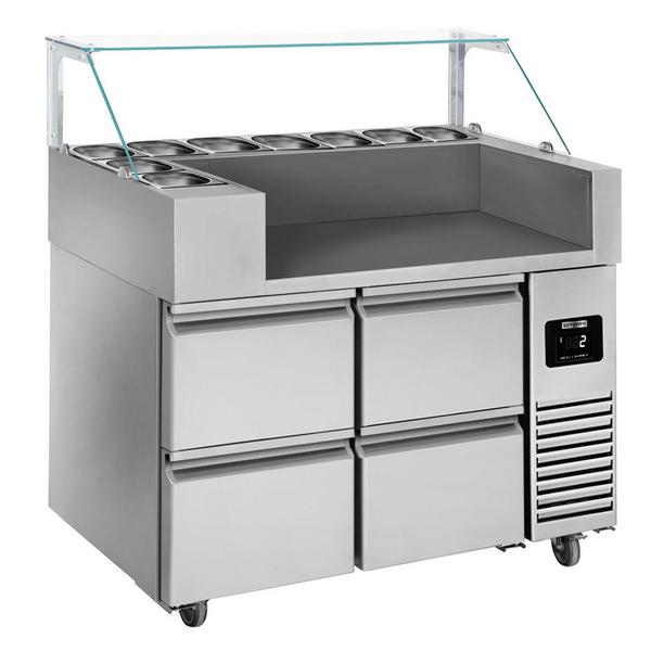 Commercial Refrigerated Prep Table PREMIUM – Glass Top – 4 Drawers – 1210 mm – for 9× GN 1/6 – No storage racks included