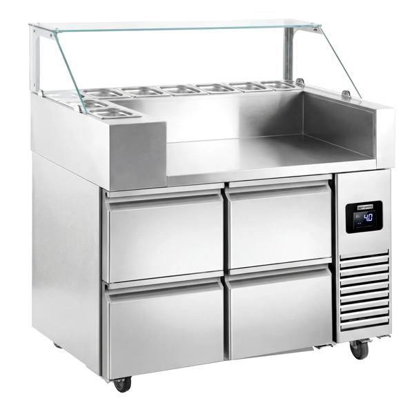 Commercial Refrigerated Prep Table PREMIUM – Glass Top – 4 Drawers – 1210 mm – for 9× GN 1/6 – No storage racks included