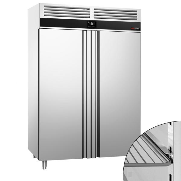 Frysskåp Rostfritt stål PREMIUM - GN 2/1 - 1400 liter - ned till -20 °C - med 2 glasdörrar - Ventilerad kylning, Automatisk avfrostning, R290, Självstängande dörrar, Invändig belysning
