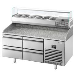 Pizzawerkbank PREMIUM PLUS - 1490x700mm - met granieten werkblad - met 4 laden - incl. glasvitrine - 6x GN 1/4
