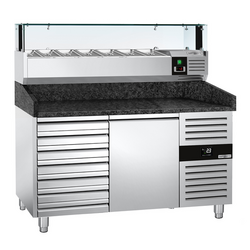 Rashladni pult za pripremu pizze PREMIUM - 1500x800 mm - sa 1 vratima & 7 ladica - uklj. Rashladna nadograđena vitrina LED - 7x GN 1/4