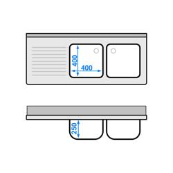 Fregadero de acero Inox. con estante inferior PREMIUM - 1,4 m - 2 fregaderos a la derecha A 40 x P 40 x A 25 cm 