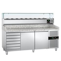 Pizzawerkbank ECO - 2025x800mm - met granieten werkblad - met 2 deuren & 7 laden - incl. glasvitrine - 10x GN 1/4