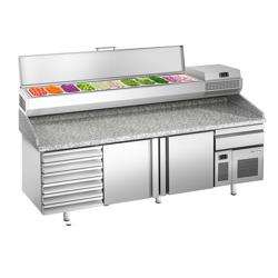 Pizzawerkbank PREMIUM PLUS - 2305x800mm - granieten werkblad - met 2 deuren & 7 laden - incl. koelopzetvitrine - 11x GN 1/4