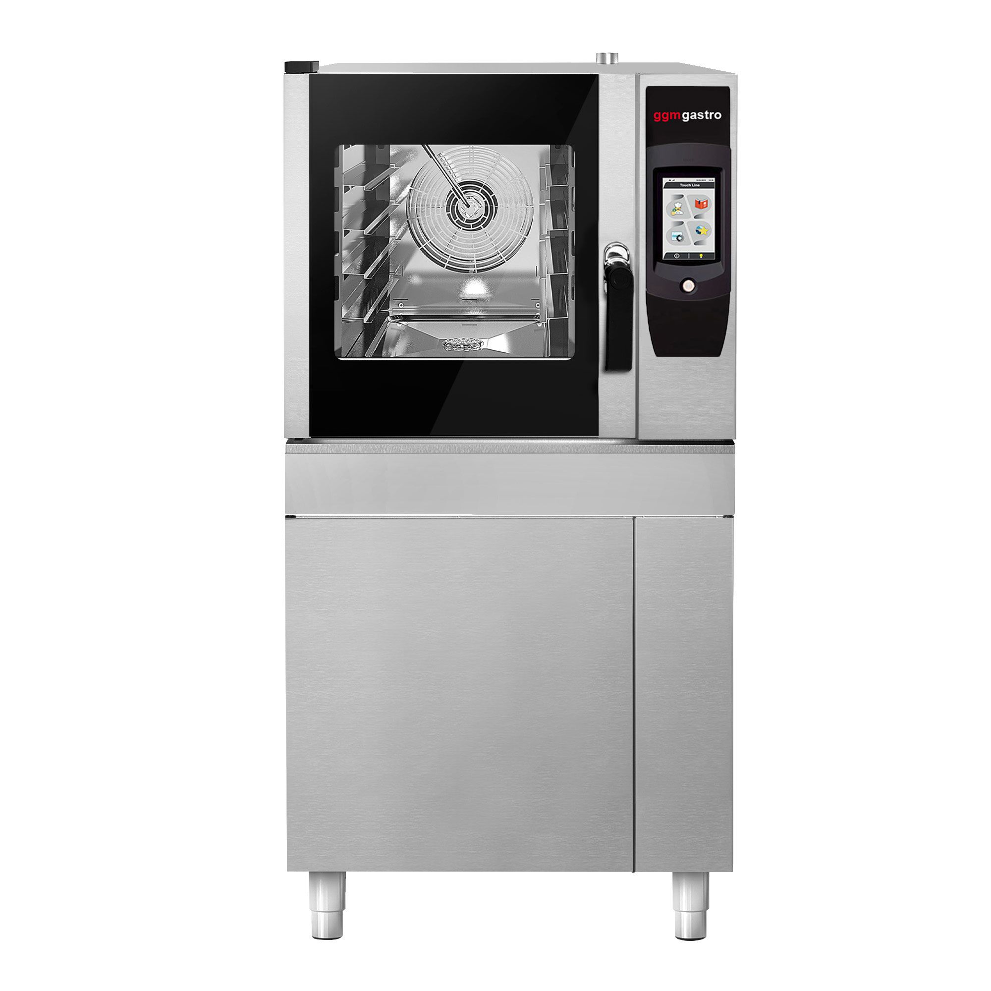 Commercial Combi Steamer - Touch Control – 4× GN 1/1 – with Rotisserie Chicken Grill, Fat Collection System, Base Cabinet, Automatic Wash System & Core Temperature Probe