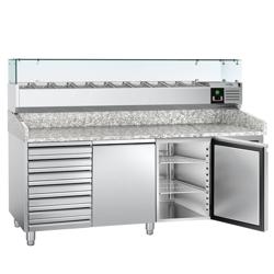 Pizzawerkbank ECO - 2025x800mm - met granieten werkblad - met 2 deuren & 7 laden - incl. glasvitrine - 9x GN 1/3