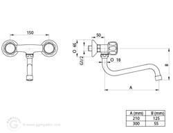 Wall-mounted bridge mixer tap 2000 - swan-neck spout 300mm - with twin levers - centres 180mm