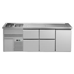 Commercial Refrigerated Beer Counter 1 Stainless Door + 4 Drawers PREMIUM – 2 sinks left - 2500×700 mm - 3 drip trays