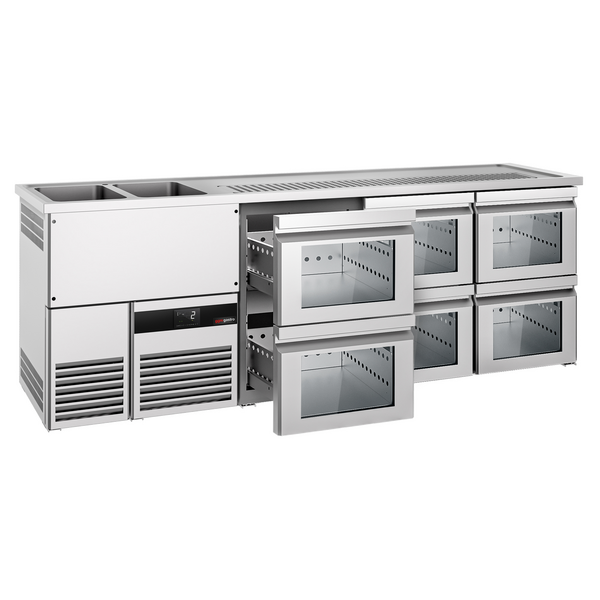 Barowy stół chłodniczy PREMIUM - 2500x700mm - 6 szklanych szuflad