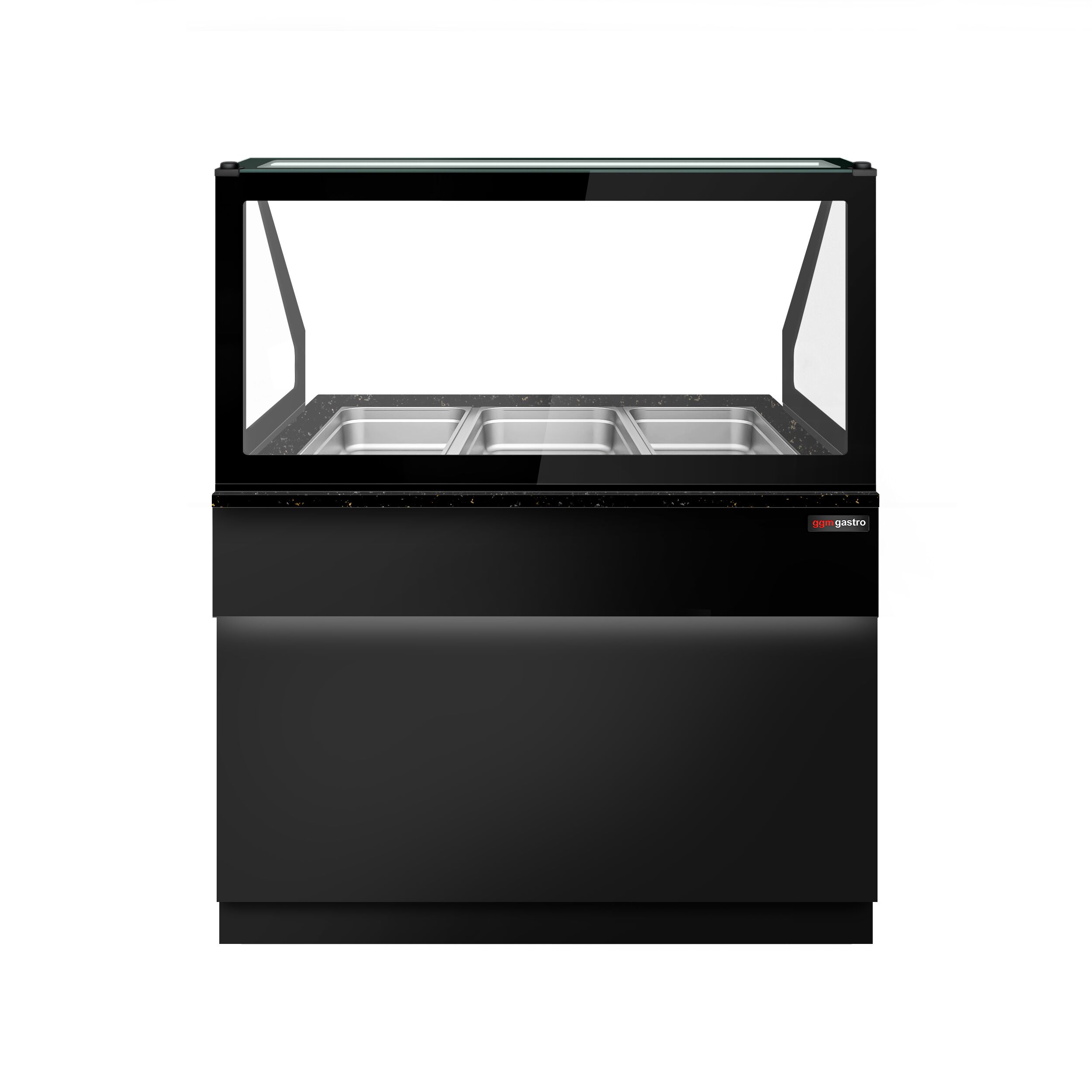 Vitrine chauffante TORONTO – 1250 mm – façade noire – pour 3 × GN 1/1 – plan de travail en granit noir