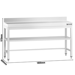 Arbetsbord i rostfritt stål PREMIUM - 1,8 m - med mellanhylla, stag & bakkant