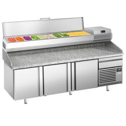 Pizzawerkbank PREMIUM PLUS - 2305x800mm - met granieten werkblad - met 3 deuren & 1 laden - incl. opzetkoelvitrine - 10x GN 1/3