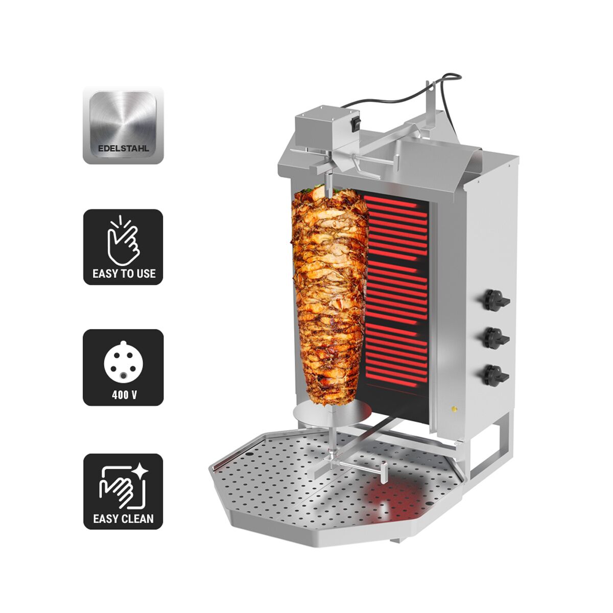Electric Doner Kebab Grill (Shawarma/Gyros) - 3 Burner - up to 40kg - 5.4kW - incl. 2 double doors & drip tray
