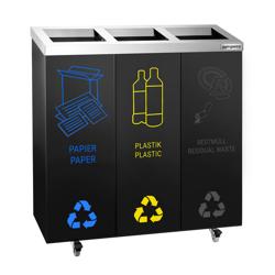 Commercial waste sorting system - 3 compartments - 25 litres each - With 4 castors - Black