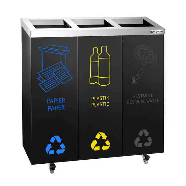 Sistema de separación de residuos con 3 compartimentos - 4 ruedas - acero inoxidable