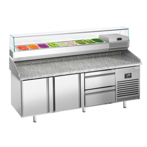 Pizzawerkbank PREMIUM PLUS - 1980x700mm - met granieten werkblad - met 2 deuren & 2 laden - incl. glasvitrine - 9x GN 1/4