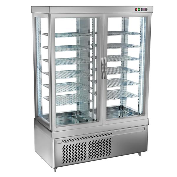 Vitrina refrigerada vertical - 935 litros - 1320x640x1910mm - con 12 estantes giratorios de cristal - 2 puertas traseras - Plata