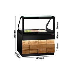 Saladette TORONTO - 1250mm - rivestimento frontale in legno - 2 porte - con vetrina in vetro dritto per 3x GN 1/1, 1 ripiano - piano di lavoro in granito nero